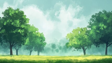 Fototapeta premium A serene landscape depicting trees and a misty sky, evoking tranquility and nature's beauty.