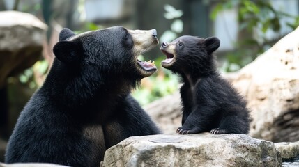 Mother black bear and cub interacting playfully on rocks.