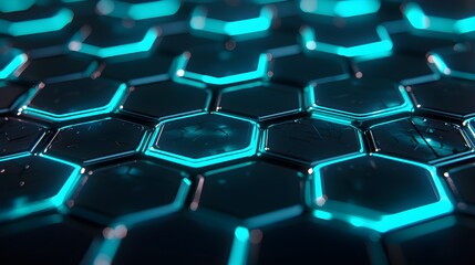 Obraz premium Interconnected hexagonal shapes forming a hive mind, set against a futuristic backdrop, glowing in hues of electric blues and greens, abstract sci-fi art