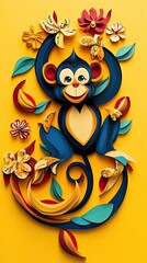 Naklejka premium A cheerful blue monkey amidst vibrant paper flowers and leaves