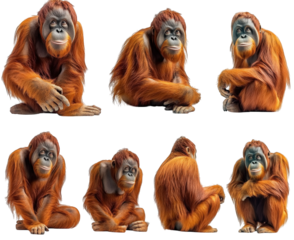 a collection of six different poses of an orangutan. a large. intelligent ape known for its reddish-brown hair and arboreal lifestyle the orangutan is depicted in a seated position. displaying various