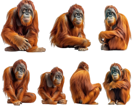 a collection of six different poses of an orangutan. a large. intelligent ape known for its reddish-brown hair and arboreal lifestyle the orangutan is depicted in a seated position. displaying various