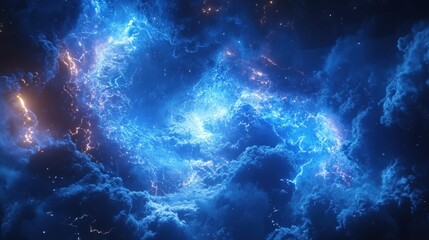 Vibrant electric blue lightning effects beautifully striking against a dark backdrop, creating dynamic visuals
