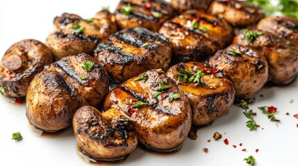 Grilled mushrooms, prepared for consumption, isolated on a white backdrop.