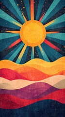A vibrant graphic of a sun rising over wavy hills in warm colors, evoking a peaceful atmosphere.