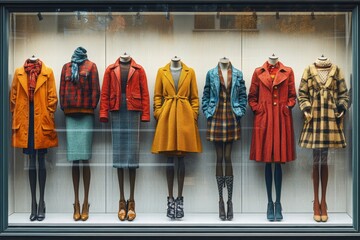 Fashionable Winter Outfits Displayed in Store Window on Mannequins
