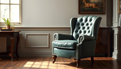 Fototapeta premium vintage banker chair in a room, realistic, with white tones