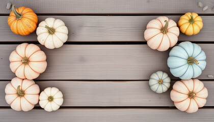Fototapeta premium Top view of vintage wooden boardwalk and colorful pumpkins. Banner template with copy space in light pastel pink pastel blue colors. photo, doodle art, with white tones