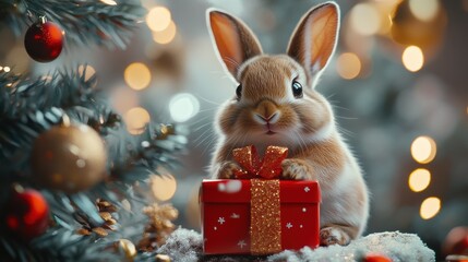 Happy lovely bunny with gift box Christmas on Chrismas tree background. Generative AI