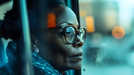 This close-up shows a black woman getting on a public bus to go to school or work