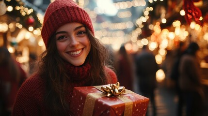 A woman, wearing a cozy red sweater and matching beanie smiles warmly while holding a beautifully wrapped present amidst a bustling holiday market adorned with sparkling lights and decorations