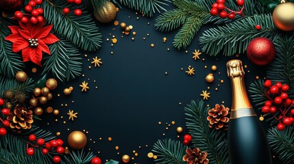 New Year or Chrismas card design on black background,the champagne is opened, the bottle stopper comes out with a golden flash,flat illustration,leave space to the text design