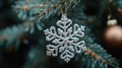 Chrismas decorations with snowflakes. Cute chrismas tree on a blurred background