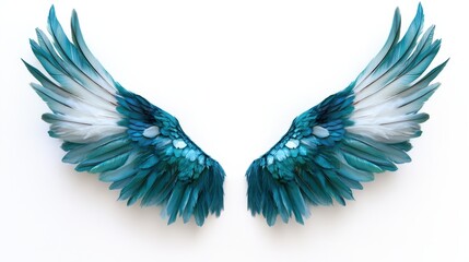 Obraz premium Teal feather angel wings turquoise bird white background.