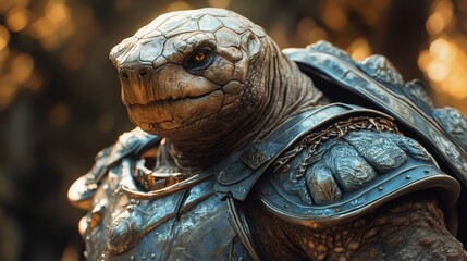 Naklejka premium Powerful tortoise warrior wearing full body armor, standing guard and ready for battle