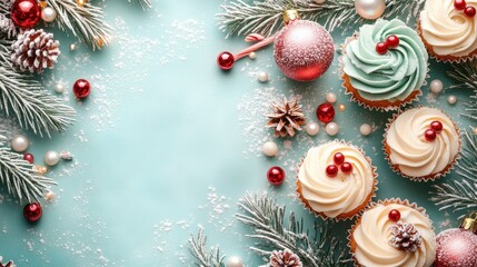 Cupcakes with festive Christmas decorations perfect for holiday celebrations and creating a joyful atmosphere Copy space image