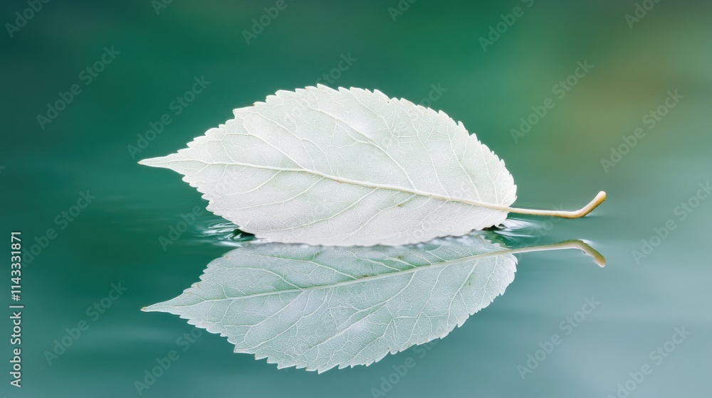Poster a serene leaf floating on water, creating a tranquil reflection.