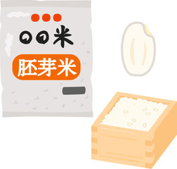 袋入りの胚芽米と拡大した米のデフォルメイラスト