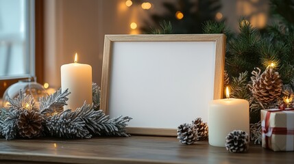 white blank wooden frame mockup christmas decor candles plaid creating scandinavian