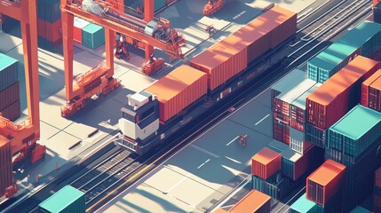 Cargo Train in a Shipping Port: A Low Poly View