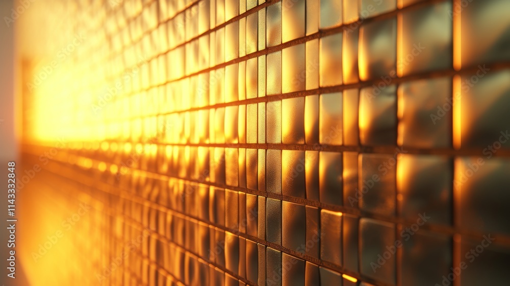 Poster a close-up of reflective golden tiles illuminated by warm, glowing sunlight, creating a vibrant and 