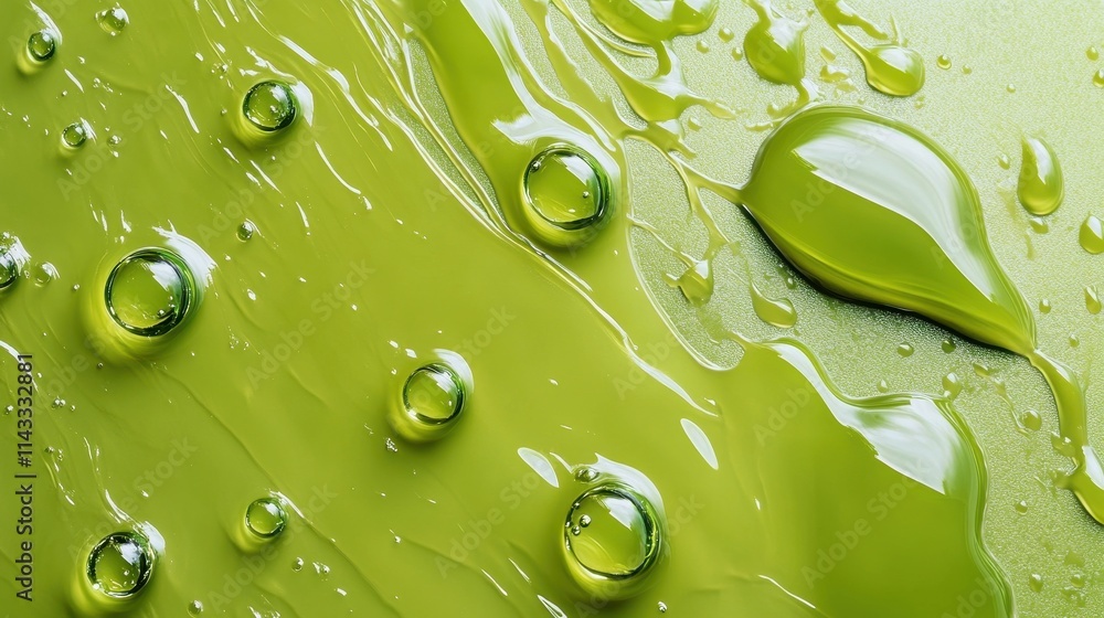 Poster abstract image of glossy green liquid droplets on a textured green surface, showing varying sizes an