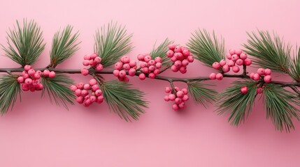Festive christmas pine branches and pink berries on a pink background with space for text