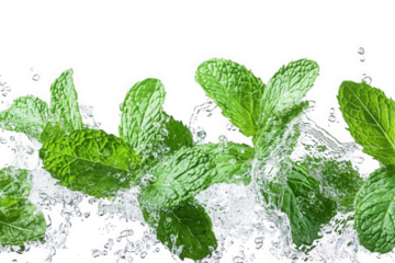 fresh green mint leaves splashing in water. creating a refreshing and invigorating scene the water droplets and bubbles add a sense of movement and energy to the image
