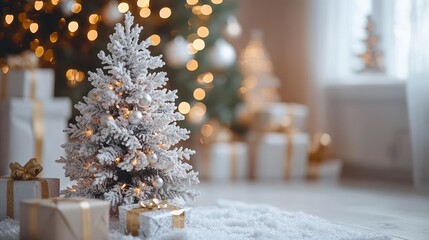 Chrismas decorations with snowflakes. Cute chrismas tree on a blurred background