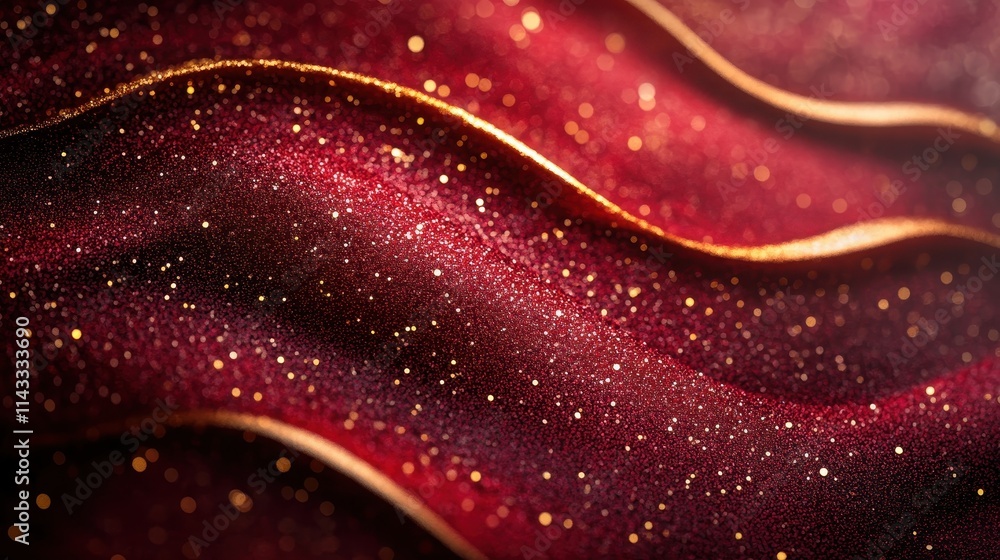 Poster burgundy background with diagonal golden lines, sparkling particles, and deep red texture, giving a 