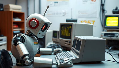 Retro Robot Working with Old Computers, with white tones