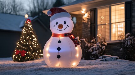 Obraz premium Cheerful Front Yard Christmas Decorations with Inflatables and Twinkling Holiday Lights