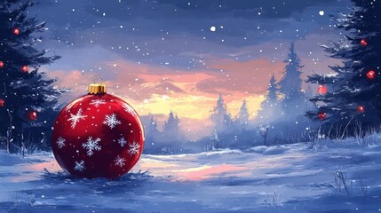 Fototapeta premium Illustration of large chrismas ball with winter landscape.