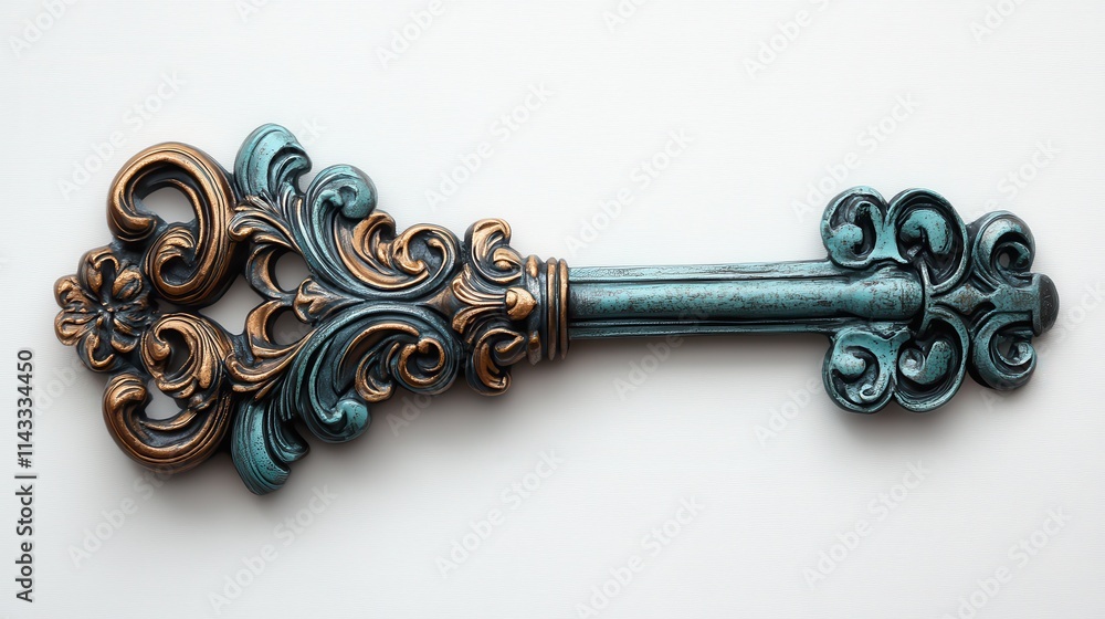 Poster an aged key rests on a pristine white backdrop, highlighting its ornate design and sparking intrigue