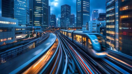 A dynamic urban scene showcasing a train traveling through a cityscape at dusk.