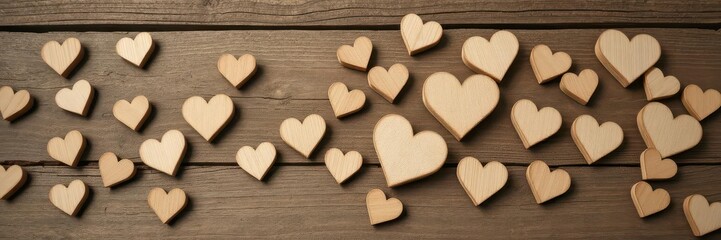 Obraz premium Rustic wooden hearts scattered on aged wood background, country, aged, heart shape