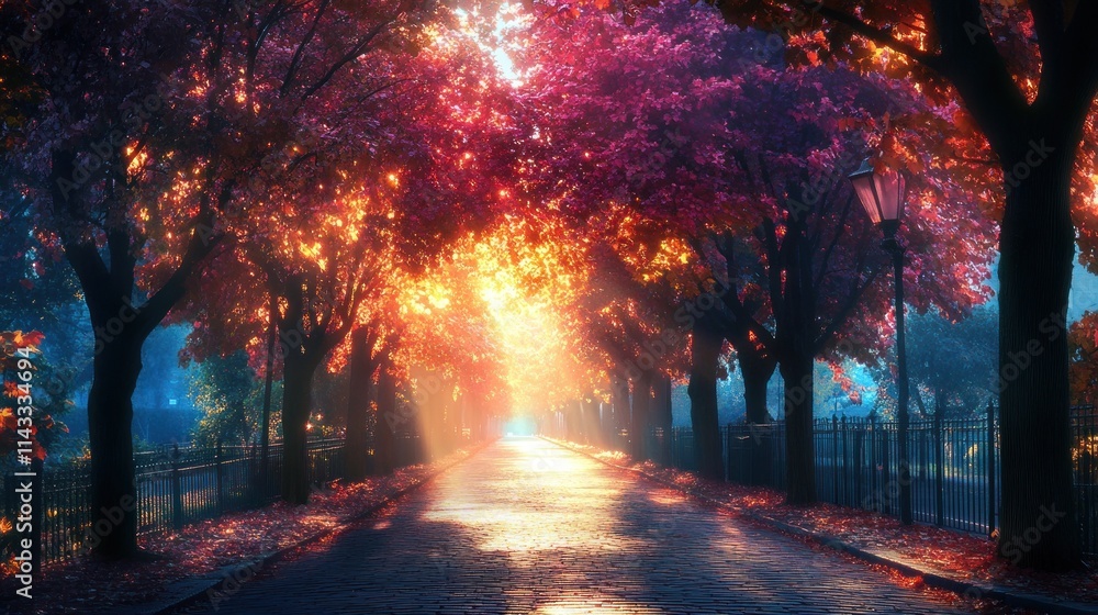 Poster a serene pathway lined with vibrant autumn trees, illuminated by soft light.