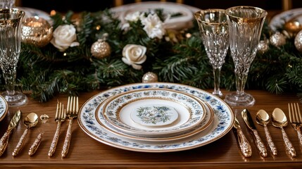 Elegant Holiday Table Setting With Gold Cutlery and Seasonal Decor