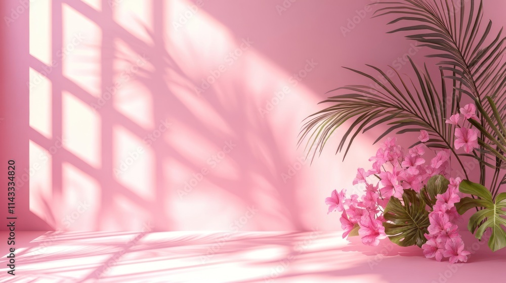 Poster a serene pink backdrop with shadows and vibrant flowers, creating a calm atmosphere.