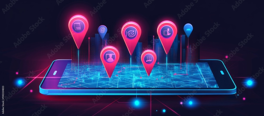 Poster smartphone displaying location based services with multiple pinpoints.