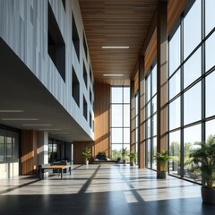 Fototapeta premium Modern office interior design with large windows and greenery wood concrete design wood design concrete architecture wall floor modern
