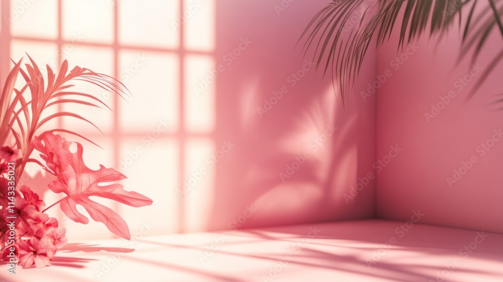 Poster a serene pink room with plants casting shadows, creating a calming atmosphere.