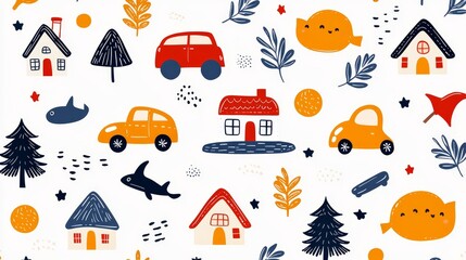 Colorful hand-drawn kindergarten doodles with whimsical toys, houses, and vehicles in a seamless pattern, playful and bright on a white background
