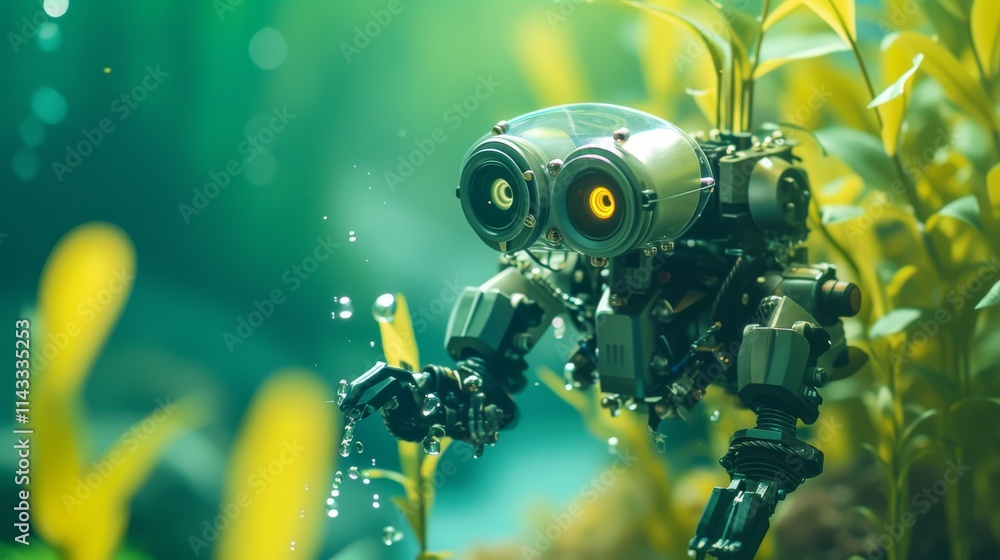 Poster a highly detailed ai-generated image of a small, mechanical robot reaching towards vibrant underwate