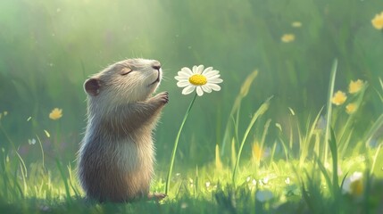 Cute rodent smelling daisy in sunny meadow.