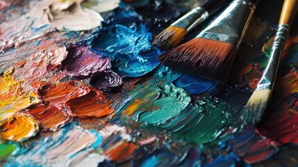 Fototapeta premium painter's palette filled with vibrant oil paints with brushes and mixing traces
