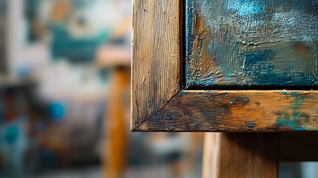 Close-up Detail of Wooden Frame of Canvas Art Piece in Corner