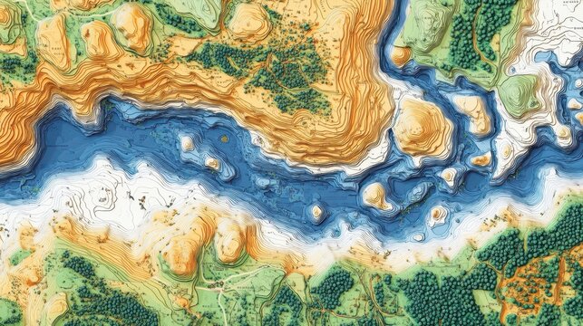Topographic map of a floodplain on white, highlighting river elevations, water flow patterns, and vegetation zones.