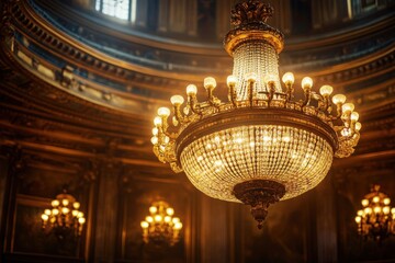 Obraz premium Elegant chandelier in luxurious ballroom with warm lighting effects