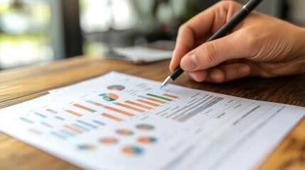 hand flipping through a business report with financial data and charts on a wooden desk